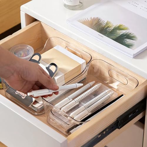 ASelected 4PCS Clear Plastic Storage Organisers Fridge Storage Box with Handles Design Drawer Trays for Desk, Makeup , Kitchen Pantry Cabinet, Cupboard (19.7x13.9x7.7CM) - Image 5