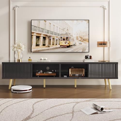 Bestier 70 inch High Gloss TV Stand for 75 inch TV, Modern TV Stand with Storage, Media Console with Fluted Sliding Doors, Entertainment Center for Living Room, Cord Management, Glossy Black by Bestier - Used condition - CA$220.87