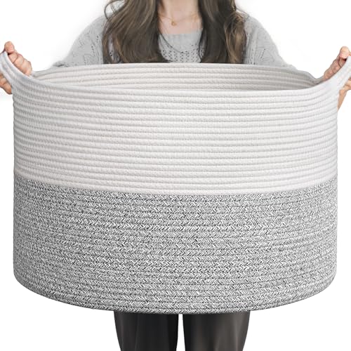 Image of INDRESSME Large Blanket Basket, Laundry Toy Storage Baskets, Decorative Woven Basket for Living Room & Nursery, Baskets for Gifts Empty, Laundry, Dog Toys, Towels, Light Grey, 19.7 inch D x 12.6 inch H