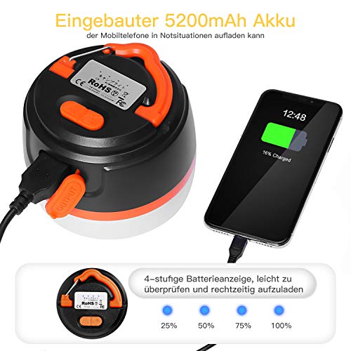 LED Camping Lantern USB Rechargeable Tent Light 9 Light Mode Mini Portable Camping Lamp Outdoor Lighting Magnetic Base Emergency Light with 5200 mAh Power Bank and SOS Emergency Strobe Function IP65 Waterproof - Image 6