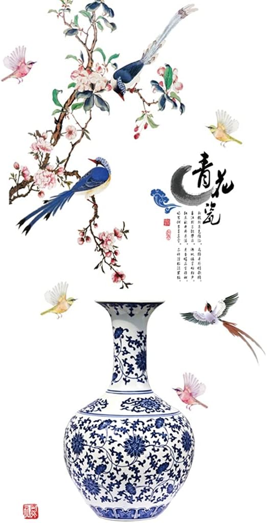 Decor Sticker 3D Wall Stickers for Bedroom,Chinese Classical 3D Simulation Blue and White Porcelain Vase Wall Decal, Entrance Background Wall Magpie Mural Stickers, Self-Adhesive