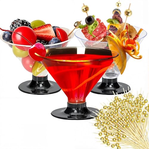 ZERUIDM 50 Clear Disposable Plastic Martini Glasses for Parties 5oz, with 100 Cocktail Picks Bundle, Martini Cups for Wine Ice Cream Fruit