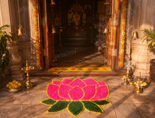 Image of Divyakosh Lotus Floor Mat 2 ft x 2 ft Artificial Grass Decorative Entrance Mat, Pink Lotus Rangoli for Home Entrance Temple Pooja Room Diwali Decoration Reusable Festival Decor