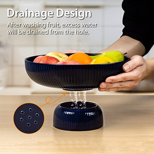 Magclay Ceramic Fruit Bowl With Draining Holes, 10" Large Fruit Basket With Multifunctional Removable Pedestal, Decorative Fruit Bowl For Table Countertop, Fruit And Vegetable Holder, Navy #TOP1