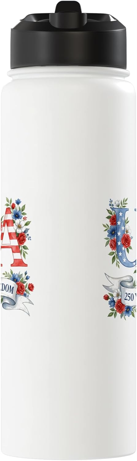USA Floral Rose 250 Years of Freedom Patriotic 4th of July Stainless Steel Insulated Water Bottle