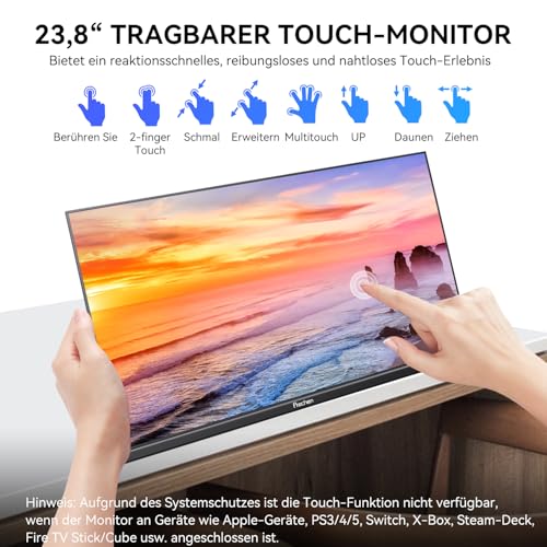 23,8 Großer Portable Touchscreen-Monitor, 100% sRGB VA FHD 1080P, 4000:1 Kontrast, VESA, Lautsprecher, 90° Verstellbarem Ständer, USB-C HDMI, 75Hz Tragbarer Touch Bildschirm für Laptop/PC/Smartphone
