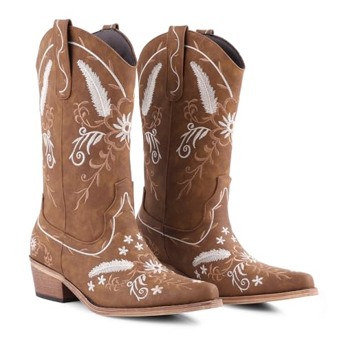 LingxiaUne Women’s Western Cowboy Boots – Elegant White Floral Embroidery Mid Heel Boots for Stylish Versatility