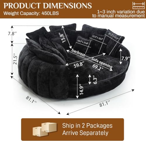Image of 81 inch Round Sofa Bed Big Bean Bag Round Chaise Lounge Oversized Round Couch Boneless Reading Chair Plush Fluffy Chenille Large Chaise Chair for Living Room, Bedroom, Apartment, Black