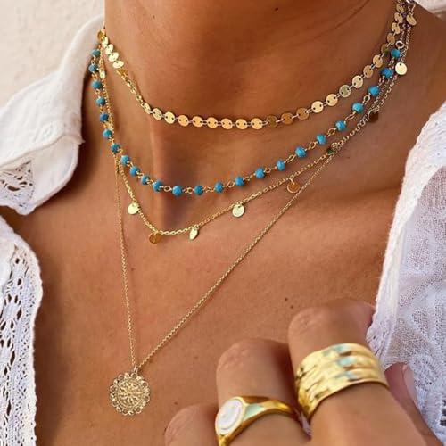 HUASAI Cowboy Chic Turquoise Necklace for Women Boho Western Jewelry Layered Statement Necklace for Cowgirl Country Concert Outfit Accessories2
