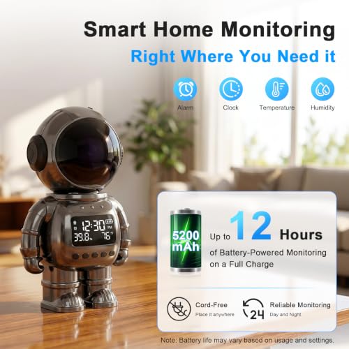 Noahlink 2K Astronaut Clock Indoor Camera, 2.4G/5G WiFi Cameras for Home Security, 2-Way Audio, AI Motion Detection, Color Night Vision, Baby Monitor & Pet Camera (Gray) — view 3