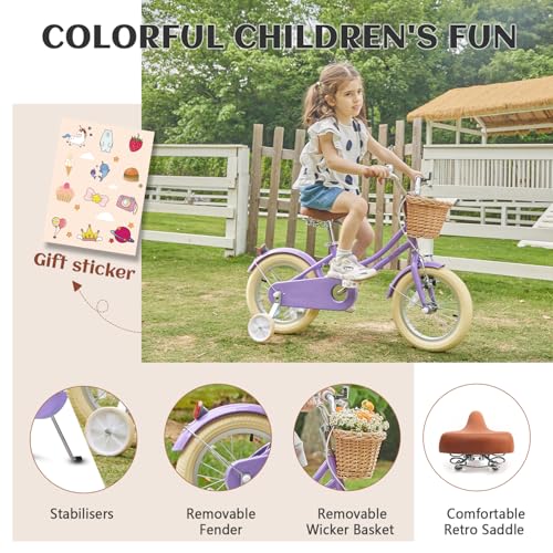 Miniatura 5 de Glerc 14 Pulgadas Niños Niñas Bicicleta Para 4 5 6 7 Años Niñas Retro Estilo Vintage Bicicletas Con Cesta Ruedas De Entrenamiento Y Campana, Violet