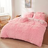 Pink Fluffy Comforter Queen Size with Filler, Soft Faux Fur Plush Comforter 3pcs(1 Plush Comforter +