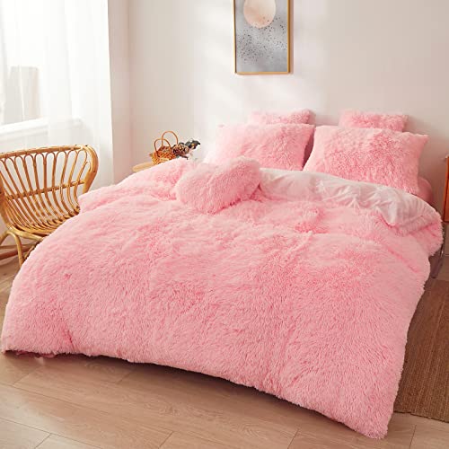 Pink Fluffy Comforter Queen Size With Filler, Soft Faux Fur Plush Comforter 3Pcs(1 Plush Comforter +2 Furry Pillow Cases) Quilted Fuzzy Pink Comforters Set Queen (Pink, Full/Queen) #TOP23