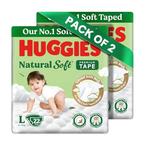 Image of Huggies Natural Soft Premium Tape Diapers Large (L) Size, 9-14 kgs,44 Count | Our No.1 Soft Taped Diaper with Cloud Soft Bed and Runny Poo Absorption