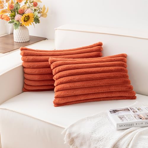 Aegero Pack of 2 Faux Fur Christmas Throw Pillow Covers 12x20 Inch, Rust