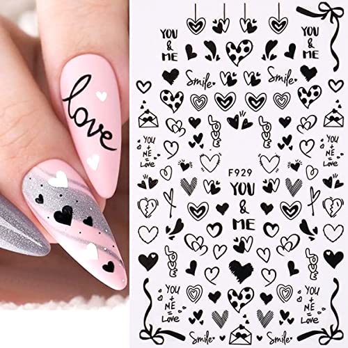 Valentines Nail Stickers Black Heart Nail Art Sticker Decal Black Heart Love Sample Shape Nail Design For Women Valentines Nail Art Supplies Diy Decoration 4Sheets #TOP29