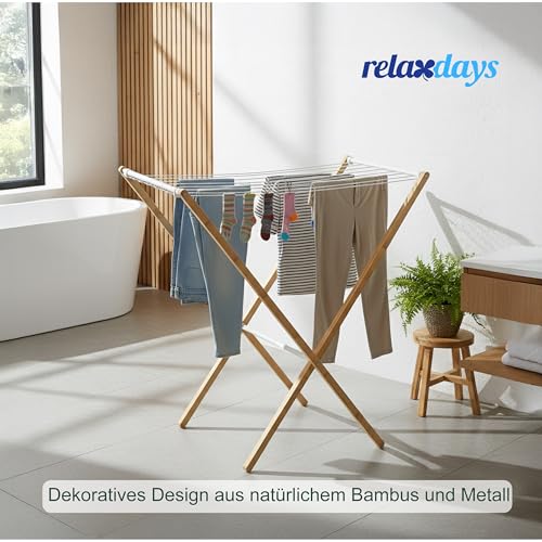 Relaxdays Wäscheständer, klappbar, 8 Stangen, HxBxT: 77 x 79 x 49 cm, Bambus, Metall, Standwäschetrockner, Natur/weiß
