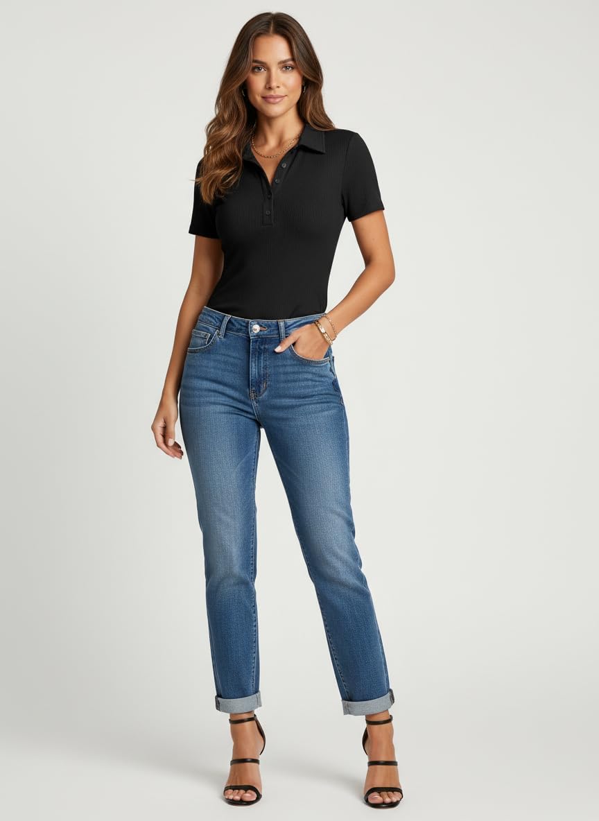 Dokotoo Women's Short Sleeve Ribbed Knit Polo Shirt V-Neck Button Down Slim Fit Stretchy Casual Tops - Image 7