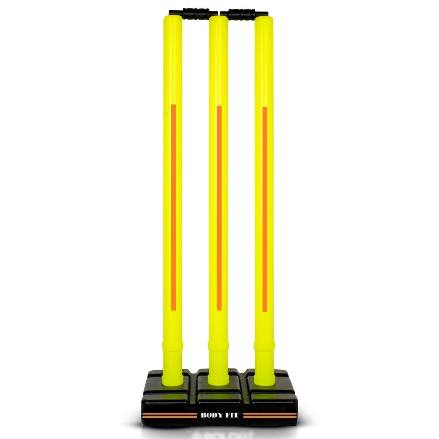 Bodyfit Heavy Cricket Stumps | Plastic Wickets Set with 3 Stumps + 2 Bails + 1 Stand | Full Size Wickets for Cricket Ground.(700-750Gm) Floro Yellow-Oran.-image-12