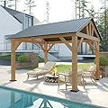 AMERLIFE 10x12 ft Wood Gazebo, Hardtop Gazebo with Metal Steel Gable Roof, Outdoor Gazebo with Guest House for Garden, Porch, Patio, Black + Natural Wood