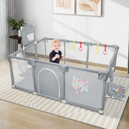 Parque infantil de tela Oxford, parque de juegos para bebés, cerca de bebe, pequeño parque infantil para el apartamento con puerta con cremallera (B-180 x 120 x 66 cm), color gris oscuro