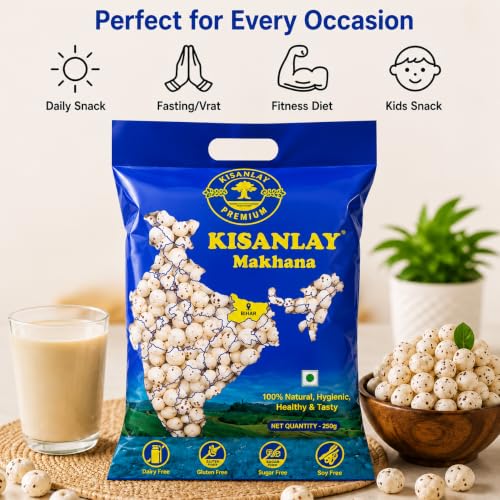 Image of KISANLAY Premium Raw Makhana 250g (Fox Nuts) | Natural Lotus Seeds, Healthy Snacking & Cooking, Un-Roasted