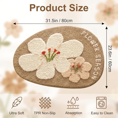 Image of Cute Flower Bath Mat, Ultra Soft Absorbent Bathroom Shower Rug with Non-Slip TPR Backing, Washable Decorative Floor Mat for Bathtub Shower Bedroom Living Room 23.6 inch x 31.5 inch