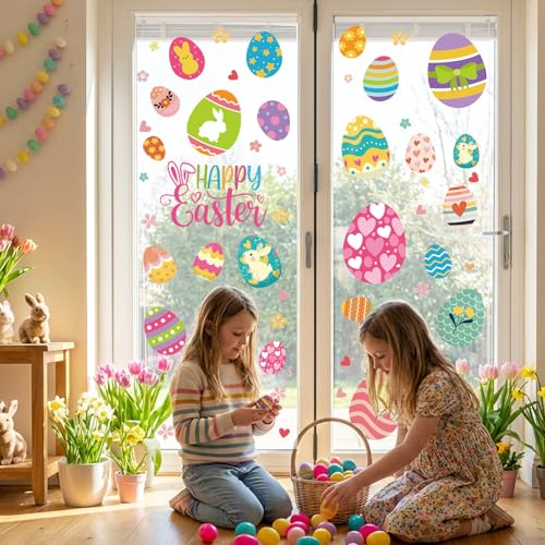 Image of 9 Sheets Easter Window Clings for Glass Windows Easter Decorations for Home | Easter Eggs Window Stickers, Happy Easter Decor for Parties, Bunny Rabbit Spring Summer Decals for Home, Office, Classroom