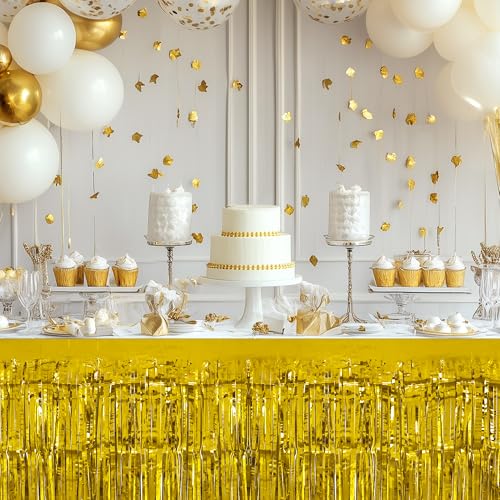 2 Pack Gold Table Skirts, 29x108\" Metallic Foil Tinsel Fringe Table Skirts for Rectangle Tables Streamer Curtains Backdrop, Party Decorations for Birthdays Weddings Holidays - Thumbnail 5