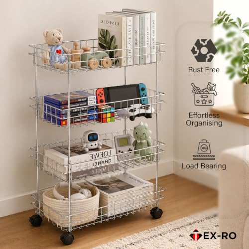 Image of TEX-RO Stainless Steel Vegetable Stand for Kitchen with Wheels | 4 Tier Kitchen Trolley Organizer | Onion Potato Storage Rack | Multipurpose Steel Storage Rack & Vegetable Basket for Modular Kitchen
