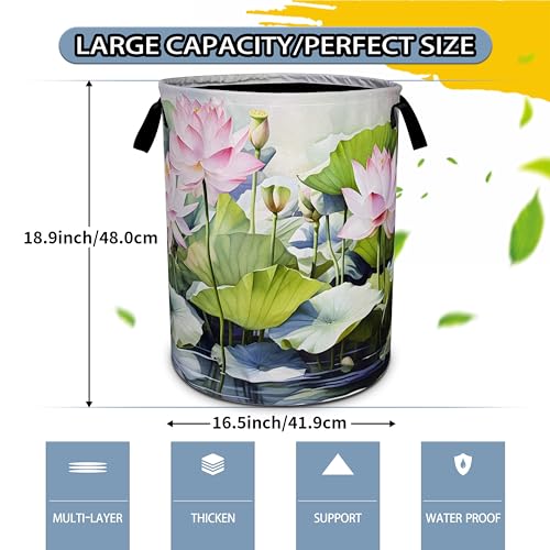 Image of Lotus Laundry Basket Beautiful Flowers Foldable Waterproof Oxford Cloth
