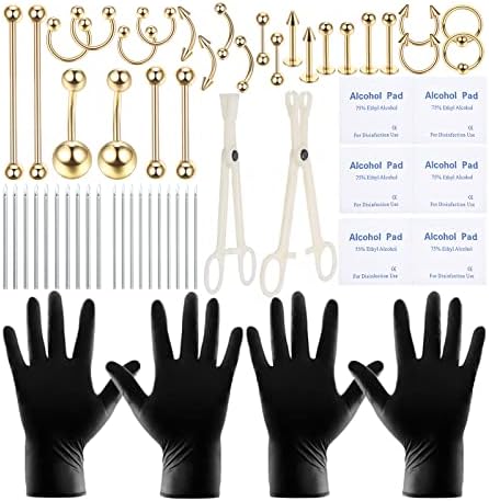 58PCS Body Piercing Kit Surgical Steel 14G 16G BCR CBR Labret Lip Rings Cartilage Daith Earrings Belly Button Rings Nose Septum Piercing Jewelry Needles Gloves Clamps Tools, Gold