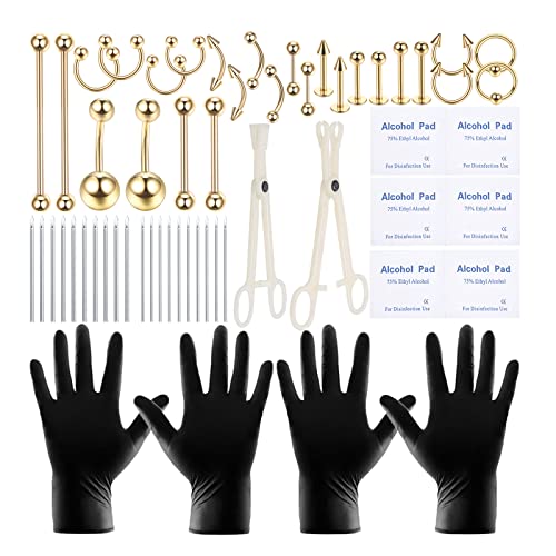 58PCS Body Piercing Kit Surgical Steel 14G 16G BCR CBR Labret Lip Rings Cartilage Daith Earrings Belly Button Rings Nose Septum Piercing Jewelry Needles Gloves Clamps Tools