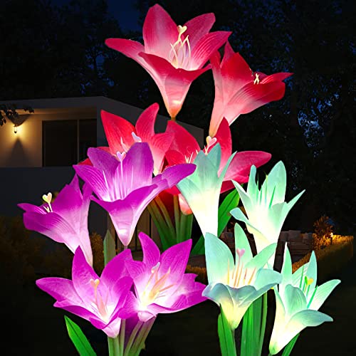 XRR Lampes solaires de jardin pour l'extérieur, lot de 3 lampes à fleurs solaires avec 12 plus grandes fleurs de lys, lumières de piquet à changement de couleur à LED Cover