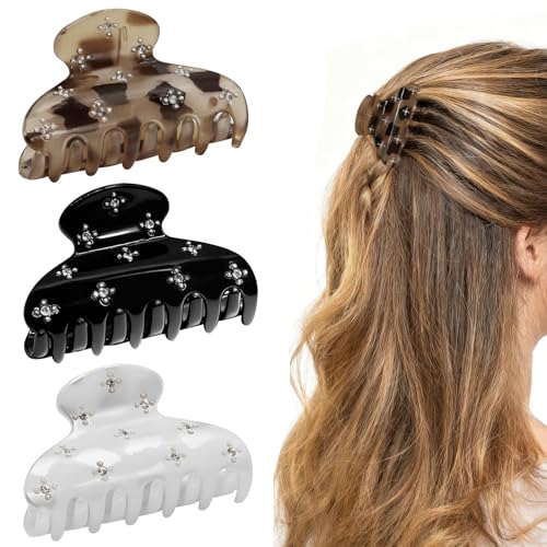3Pcs Women's Artificial Gemstone Hair Clip, Rhinestone Hair Decorations for Women, Decorative Acrylic Hair Clips Supplies Black, White & Tortoise Suitable for All Hairstyles