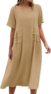 Vestidos casuales de verano para mujer, vestido largo suelto de verano, casual, algodón, lino, color sólido, cuello redondo, manga corta, vestidos midi para mujer