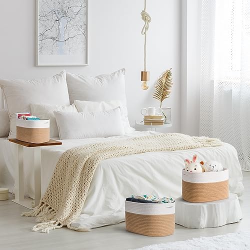 Otoomenz Set of 3 Cotton Rope Storage Basket,Woven Nursery Storage Basket Shelf Baskets with Handles,Toy Basket Storage Bathroom Storage Baskets for Make up Cupboard Drawer Closet Shelf