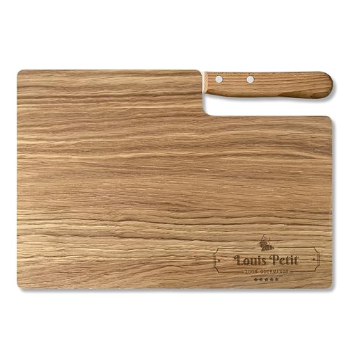 LOOXIS Planche à découper premium personnalisée avec couteau à bosse, nom et texte gravés - Bois de chêne, 26x15cm (Idée de cadeau pour femmes, hommes, emménagement, Saint-Valentin) Motif 2