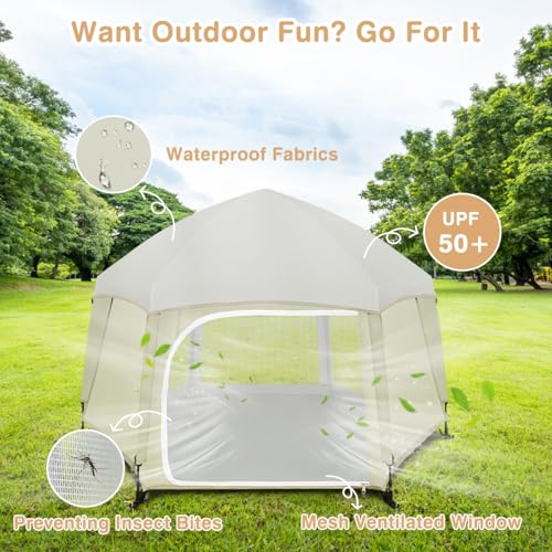 Image of Pop Up Playpen for Baby, Portable Playpen for Babies and Toddlers with Removable Sun-Shades& 2 Side UV Covers, Lightweight Outdoor Baby Play-Pen for Beach Home with Travel Bag, Beige