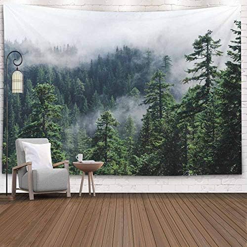 Crannel Tapestries,Fog Mountain Forest Misty View from Larch Mount Usa Pacific N Tapestry 80X60 Inches Wall Art Tapestries Hanging for Dorm Room Living Home Decorative,Turquoise Peach
