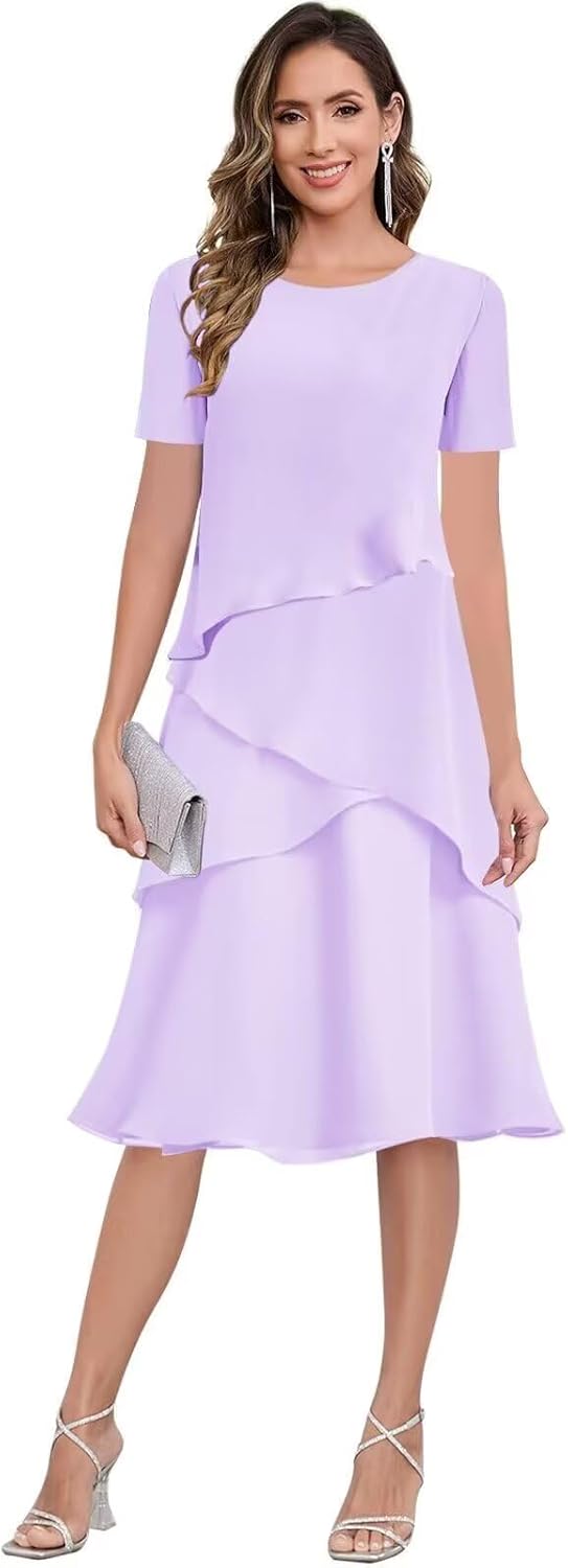 Tea Length Mother of The Bride Dresses for Women Tiered Chiffon Formal Wedding Guest Dress with Sleeves