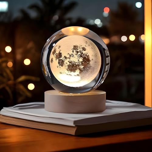 Image of 3D Moon Ball Night Lamp, Creative Engraved Table LED Light with Woodern Base for Home Office Decoration Birthday Gift