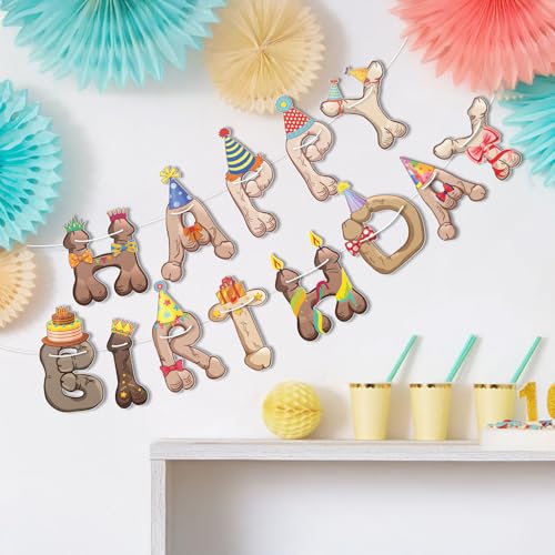 Image of Funny Penis Happy Birthday Banner Garland - Pre-Strung Naughty Adult Birthday Decoration, Hilarious Bachelorette Bachelor Party Decor, Gag Gift, Easy Hang, Reusable