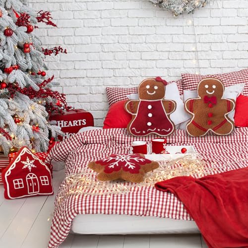 Image of HunnmingRe 4 Pcs Christmas Throw Pillows Fall Football Plush Pillows Winter Holiday Cushion Soft Decorative Cushions for Couch Bedroom Living Room Thanksgiving Xmas Decor(Red,Gingerbread)
