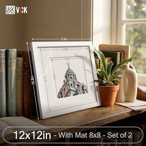 Image of VCK 12x12 Frame 2 Pack, White Wood, 8x8 Mat, Glass, for Picture Prints
