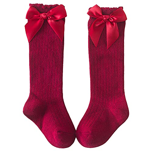 Baby Girls Knee High Socks 5 Pack Infant Toddler Tube Ruffled Long Socks Sewn Bow Baby Stockings for Baby Girl2