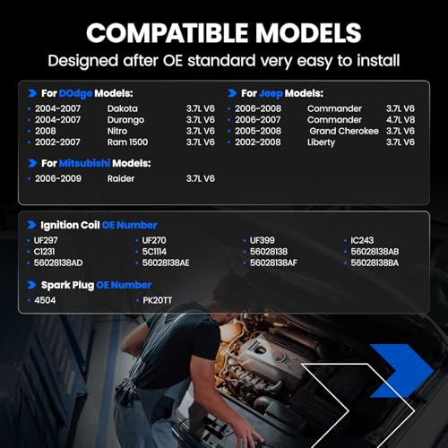 Image of Set of 6 UF270 Ignition Coil Pack and 4504 spark plugs Compatible with Dodge Dakota Durango Ram 1500 2004-2007 Compatible with Jeep Commander Liberty Raide 3.7L V6 Replaces UF297 UF399 56028138