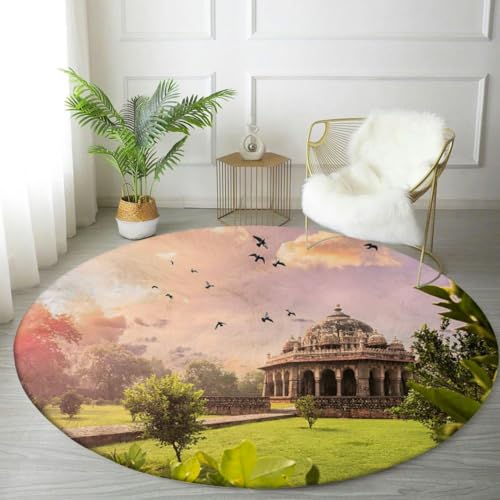 KONGNY 4ft Round Rug Tomb Isa Khan Delhi Washable Carpet