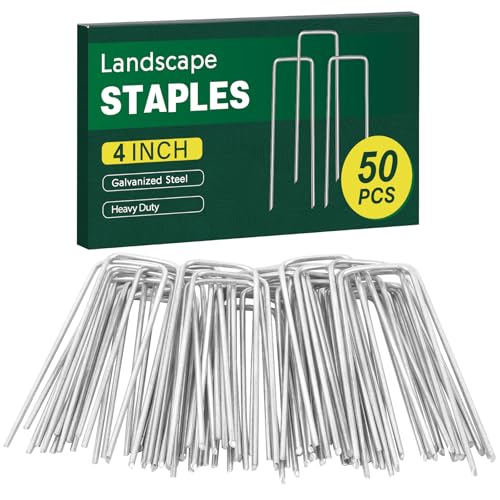CEWOR 50 Pack Landscape Staples 4 Inch Galvanized Garden Stakes 12 Gauge U-Shaped SOD Pins Yard Ground Staples for Landscaping Fabric Plant Cover Lawn Turf Irrigation Tubing Hose