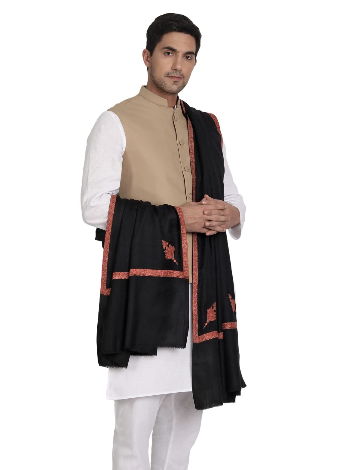 Embroidery Border Pure Wool Full Size Lohi Shawl for Men, Warm Soft Woven Mens Woolen Wrap for Winter 50 x 100 inches-image-31